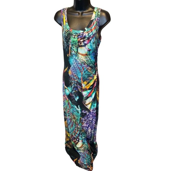Elaua Kattau Colorful Peacock Sleeveless Maxi Ruched Bodycon Dress - Picture 1 of 8